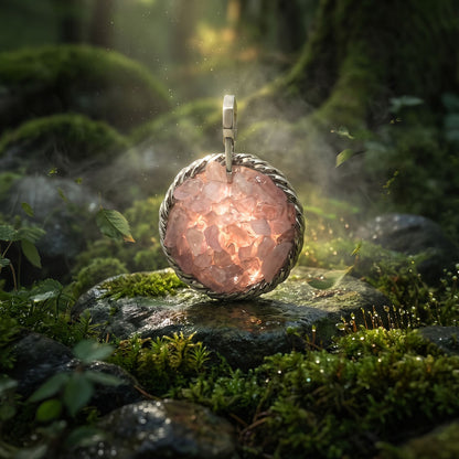 Amulet tensorowy z Kwarcem Różowym - Srebro 925 pokryte platyną